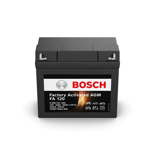 FA 120 Bosch AGM Motorcycle Battery 12V 18Ah - 0986FA 1200, 1 Year Warranty