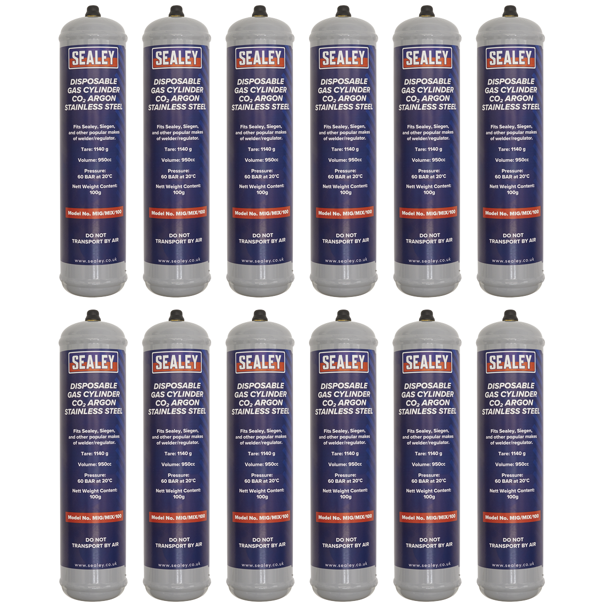 Welding Disposable Carbon Dioxide/Argon Gas Cylinder 100g - Box of 12, MIG/MIX/100/12, Sealey