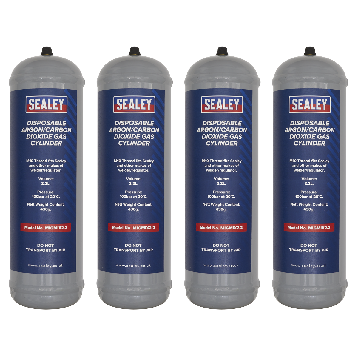 Welding Disposable Argon/Carbon Dioxide Gas Cylinder 430g 2.2L - Pack of 4, MIGMIX2.24, Sealey