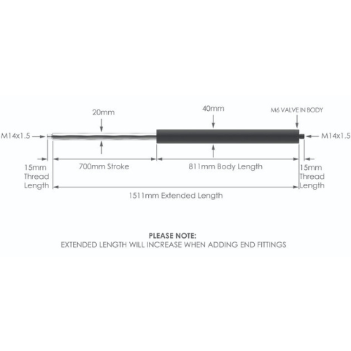 Gas Strut - Variable Force, Stroke 700mm, Extended Length 1511mm, Metrol - NS-20-40-700