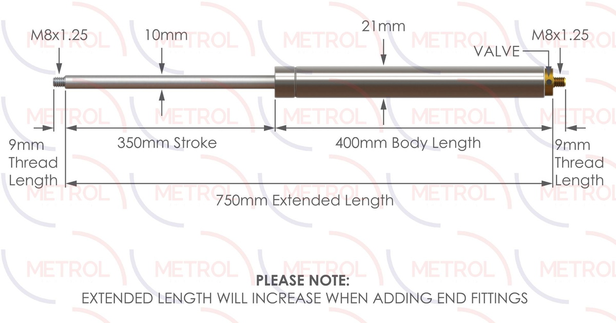 NS-SS-V-10-350 Stainless Steel 316 Variable Force Gas Strut