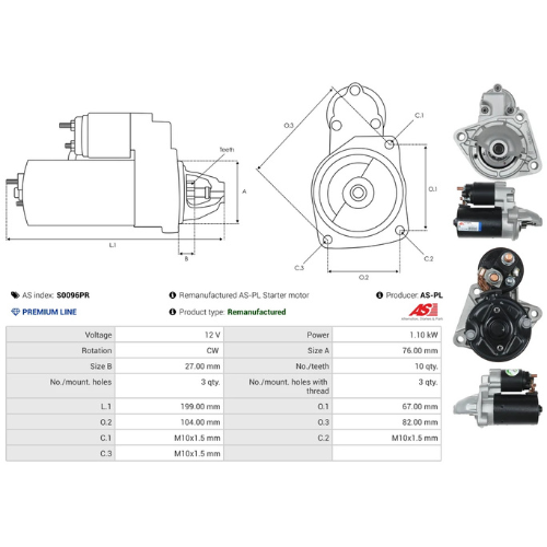 AS-PL S0096PR 12V 1.1kW Starter Motor BOSCH Type