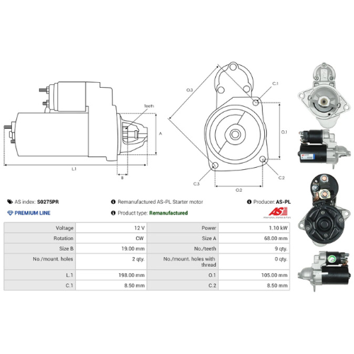 AS-PL S0275PR 12V 1.1kW Starter Motor BOSCH Type