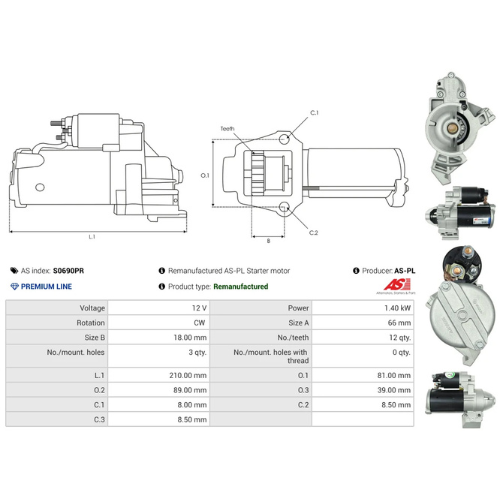 AS-PL S0690PR 12V 1.4kW Starter Motor BOSCH Type