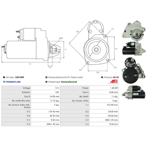 AS-PL S3016PR 12V 1.4kW Starter Motor VALEO Type