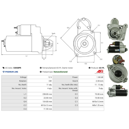 AS-PL S3058PR 12V 1.9kW Starter Motor VALEO Type