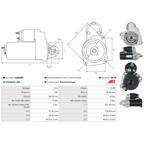 AS-PL S3065PR 12V 1.1kW Starter Motor VALEO Type