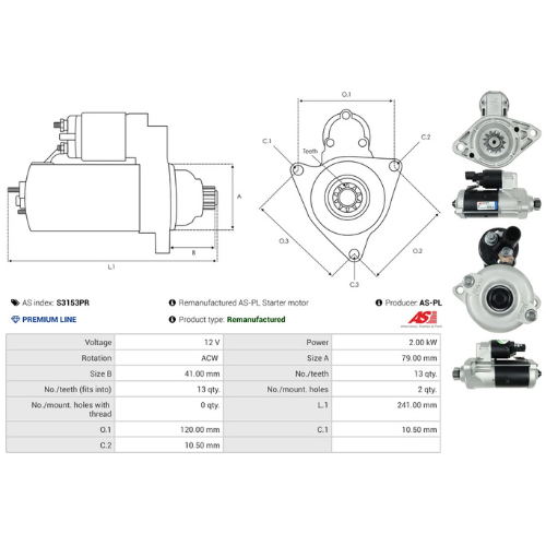 AS-PL S3153PR 12V 2kW Starter Motor VALEO Type