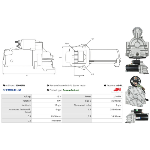 AS-PL S9002PR 12V 2.1kW Starter Motor Ford Type