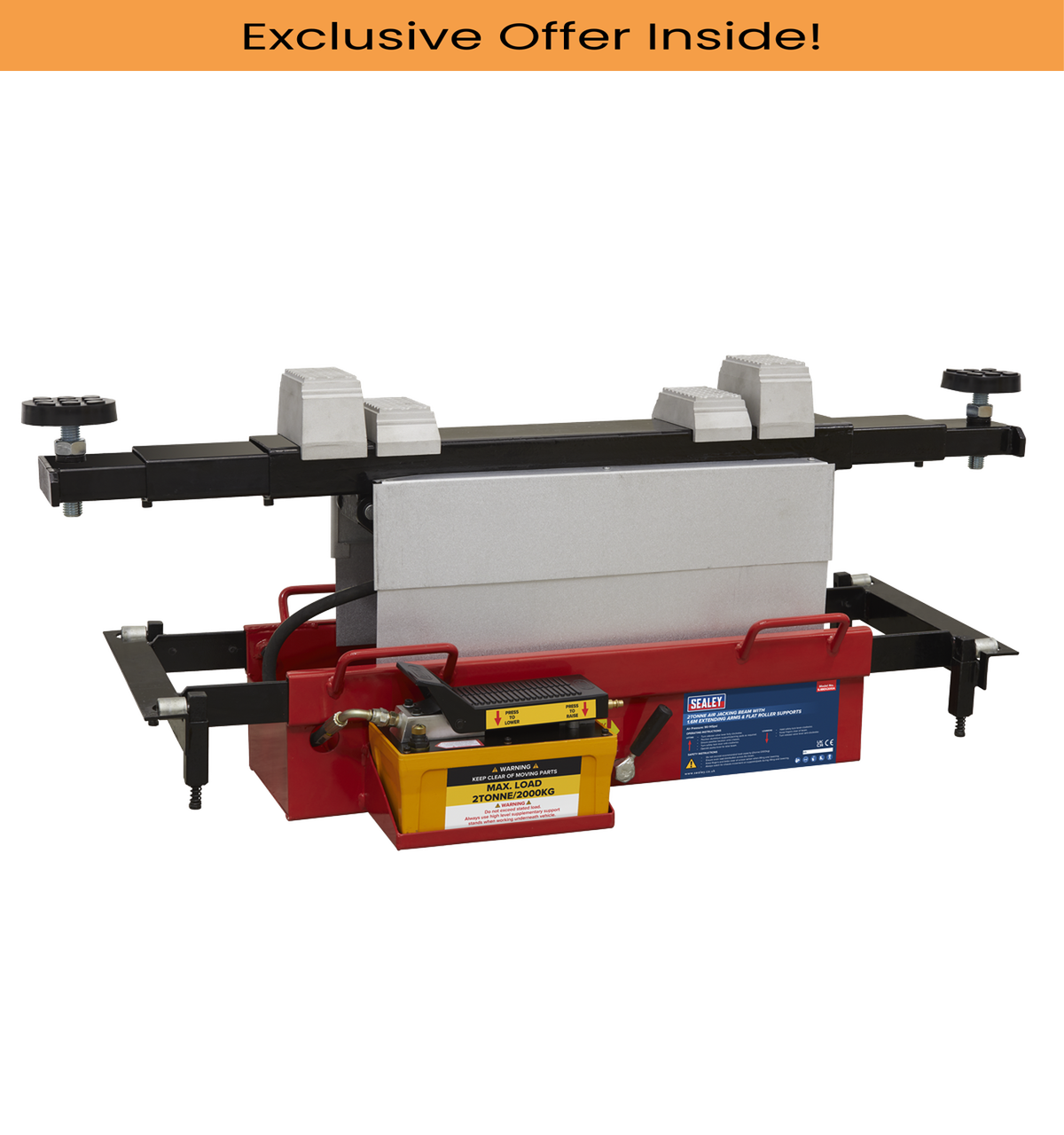 Sealey SJBEX200A Air Jacking Beam 2tonne with Arm Extenders & Flat Roller Supports