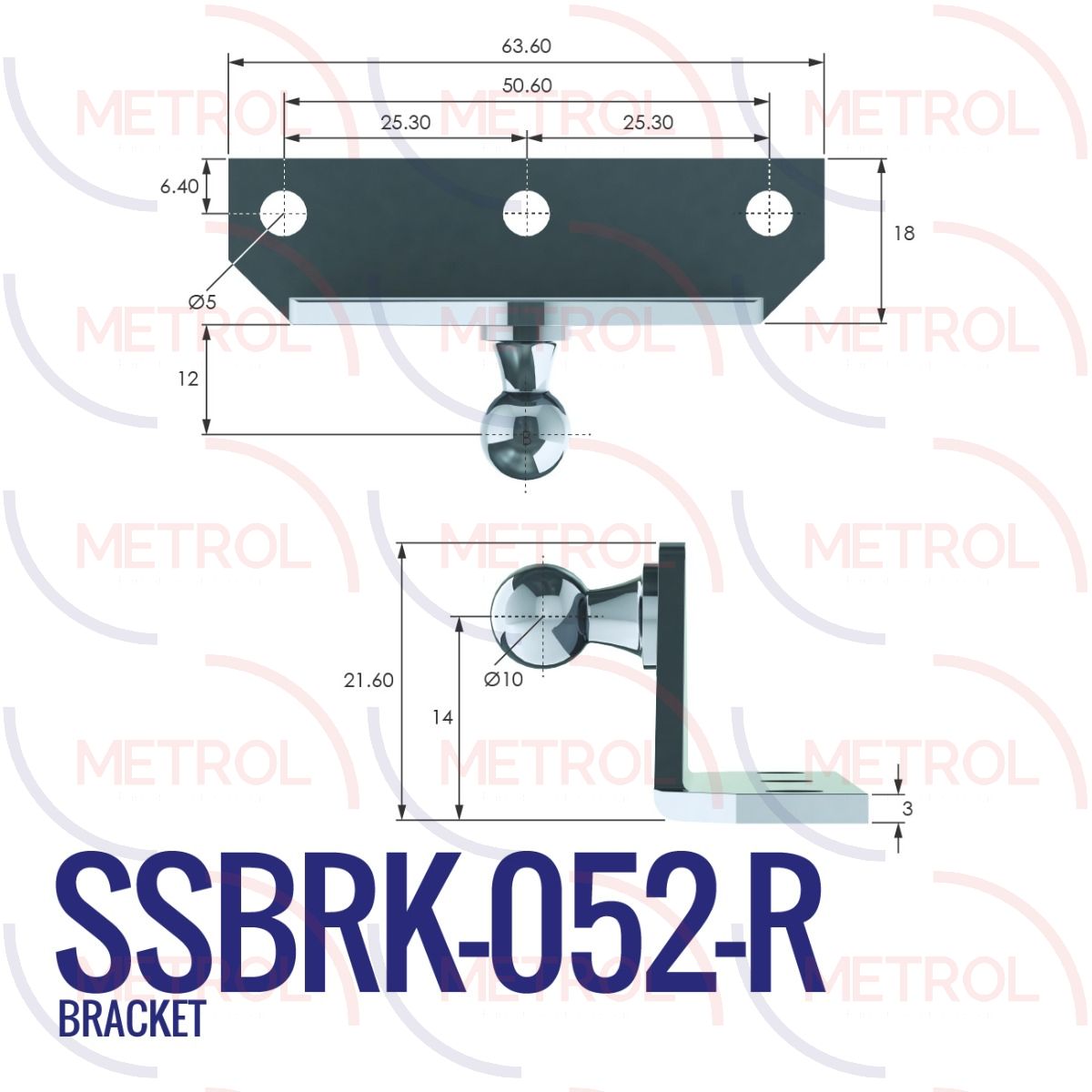 SSBRK-052-R Stainless Steel 316 10mm External Right Angle Bracket with 50.6mm Fixing Centres