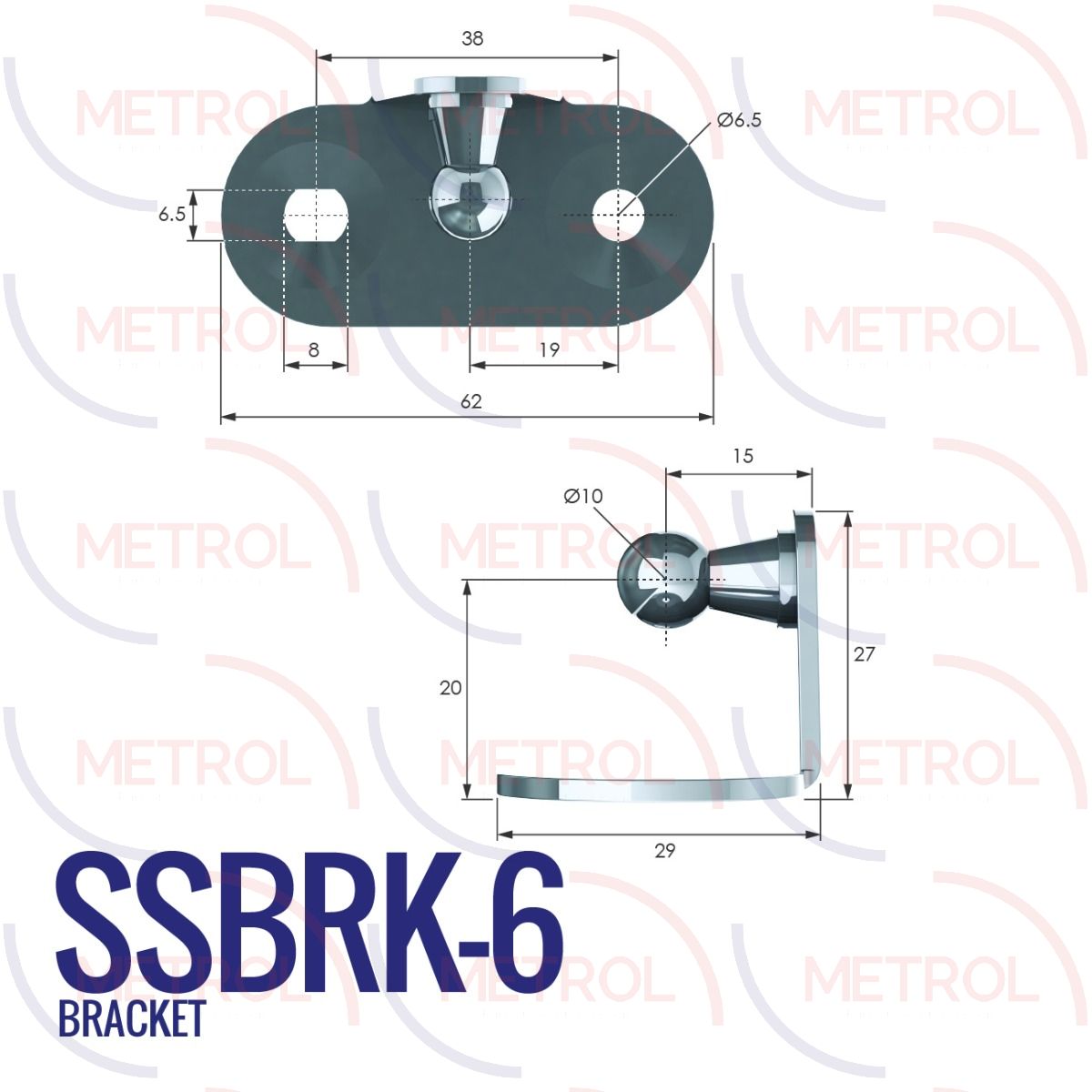 SSBRK-6 Stainless Steel 304 10mm Internal Right Angle Bracket with 38mm Fixing Centres