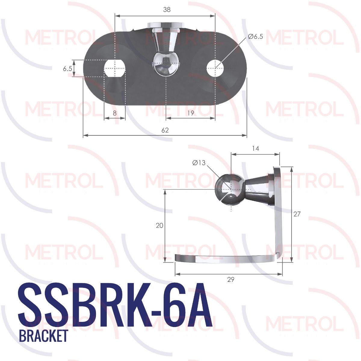 SSBRK-6A Stainless Steel 304 13mm Internal Right Angle Bracket with 38mm Fixing Centres