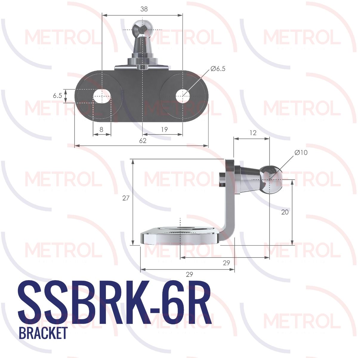 SSBRK-6R 10mm External Right Angle Bracket with 38mm Fixing Centres