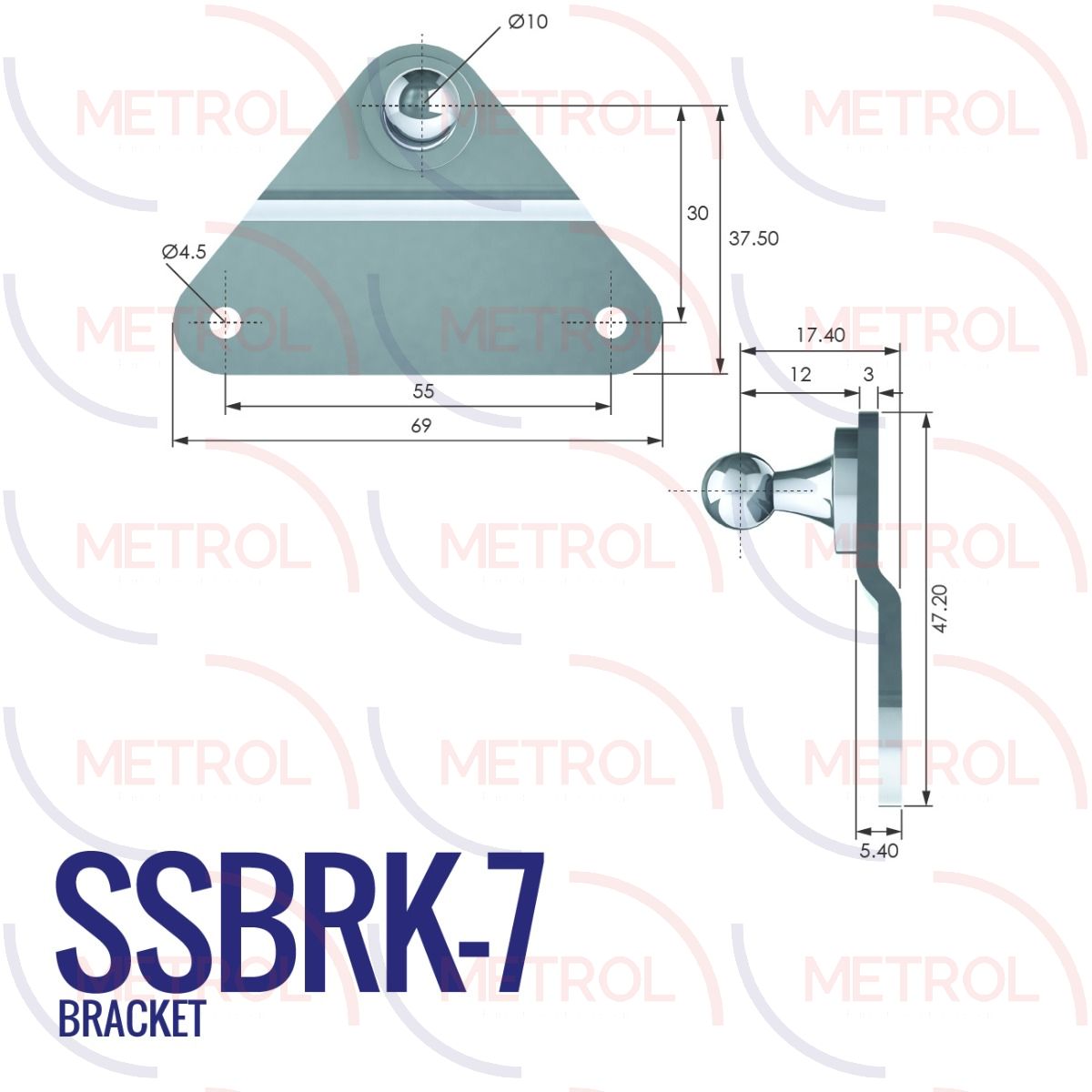 SSBRK-7 Stainless Steel 304 10mm Triangular Bracket with 55mm Fixing Centres