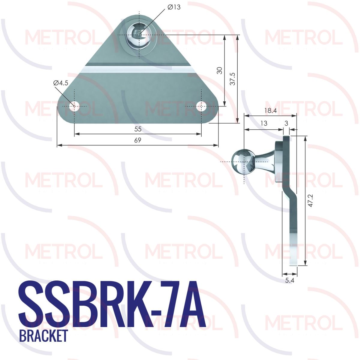 SSBRK-7A Stainless Steel 304 13mm Triangular Bracket with 55mm Fixing Centres