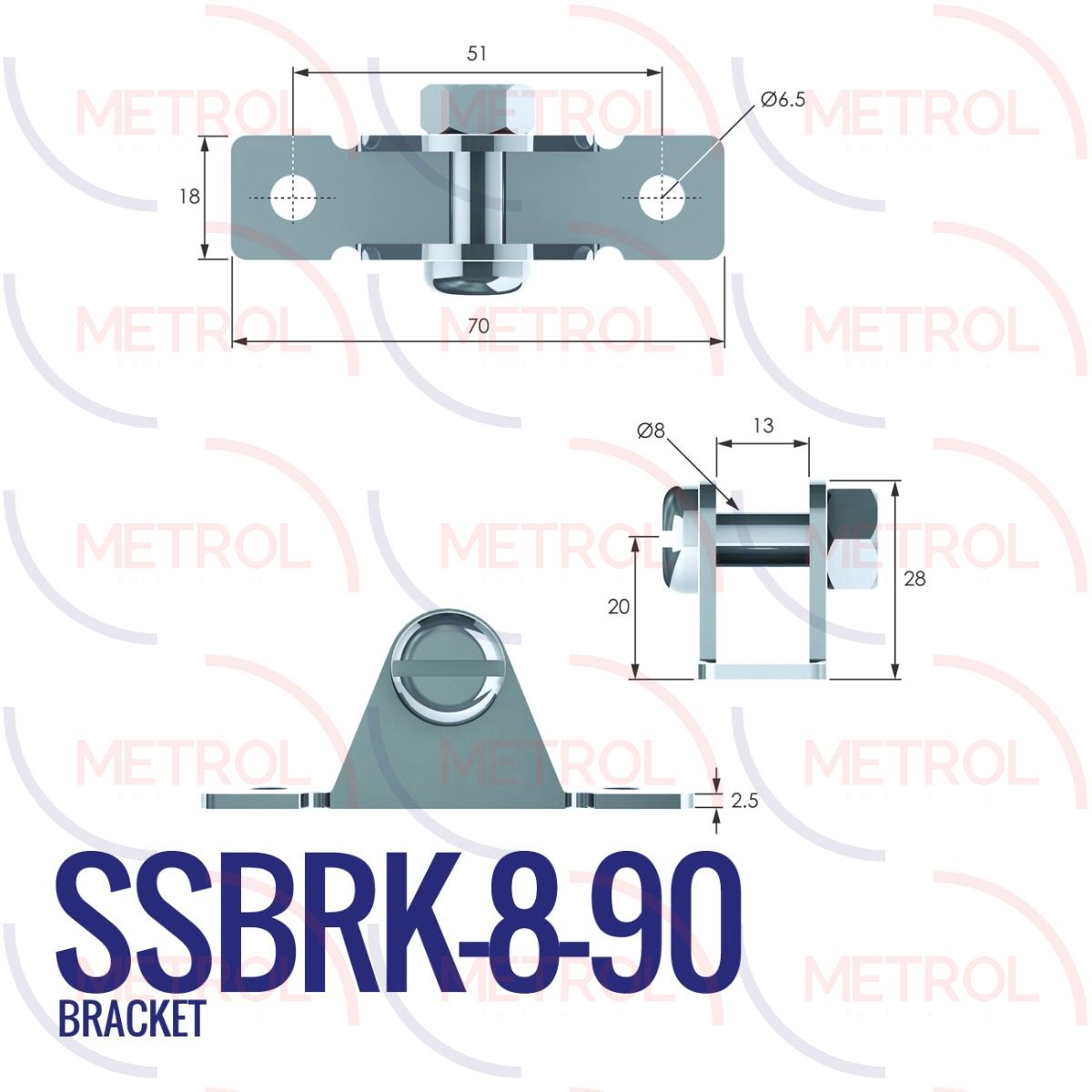 SSBRK-8-90 Stainless Steel 316 8mm U Shaped Bracket with 51mm Fixing Centres