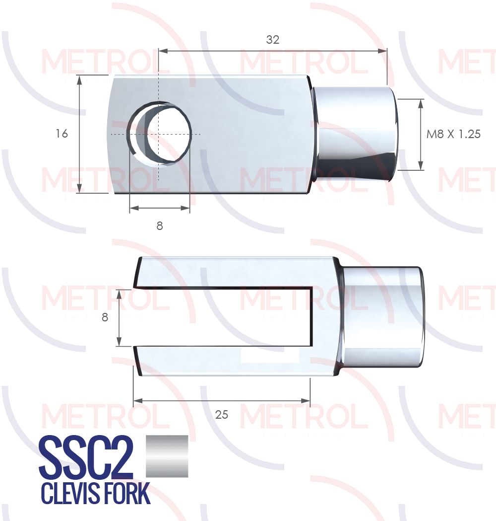 SSC2 Stainless Steel 316 Clevis Fork with 8mm Thread