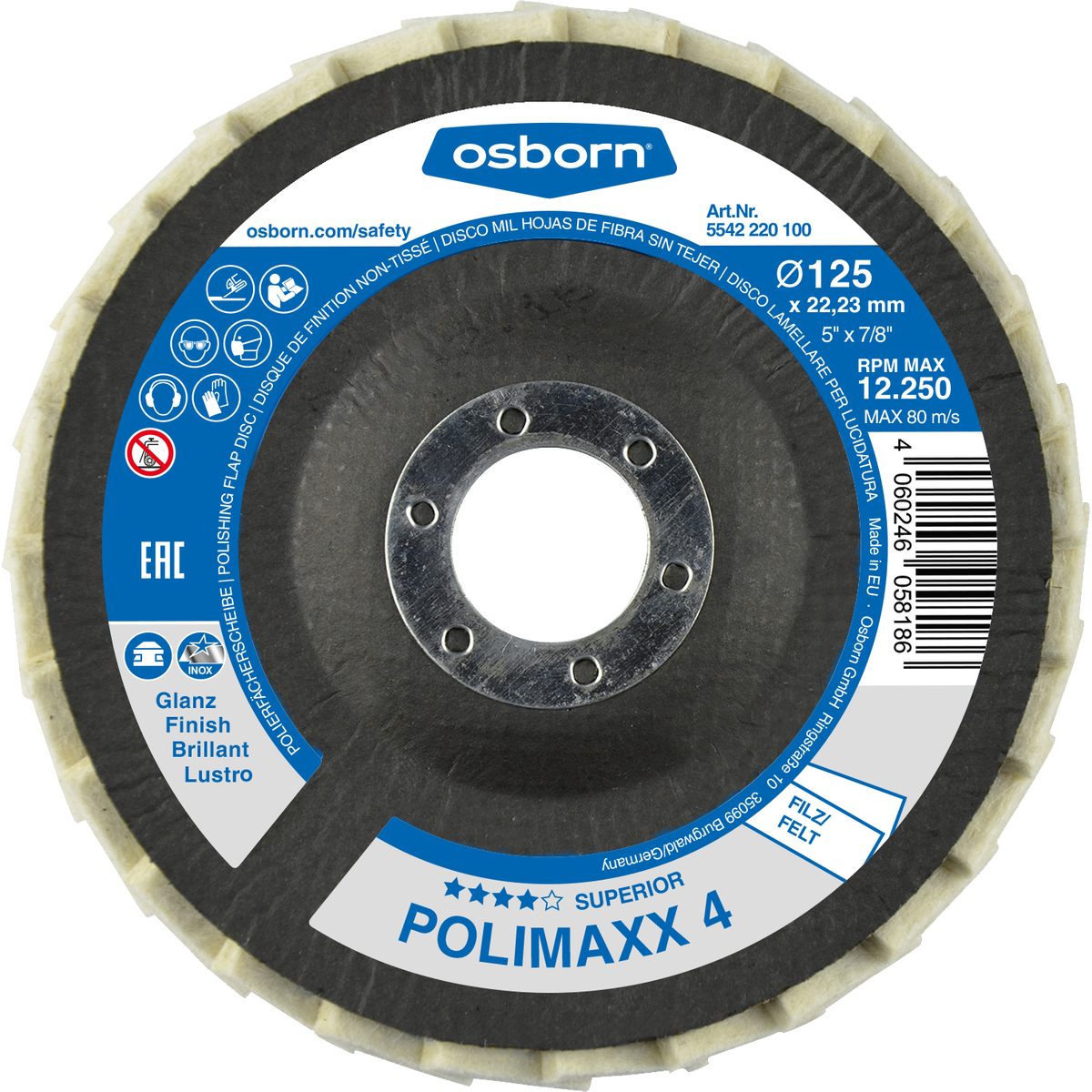 Polishing Flap Disc - Ø125mm, Bore 22.23mm, Superior POLIMAXX 4, Osborn - 5542220100