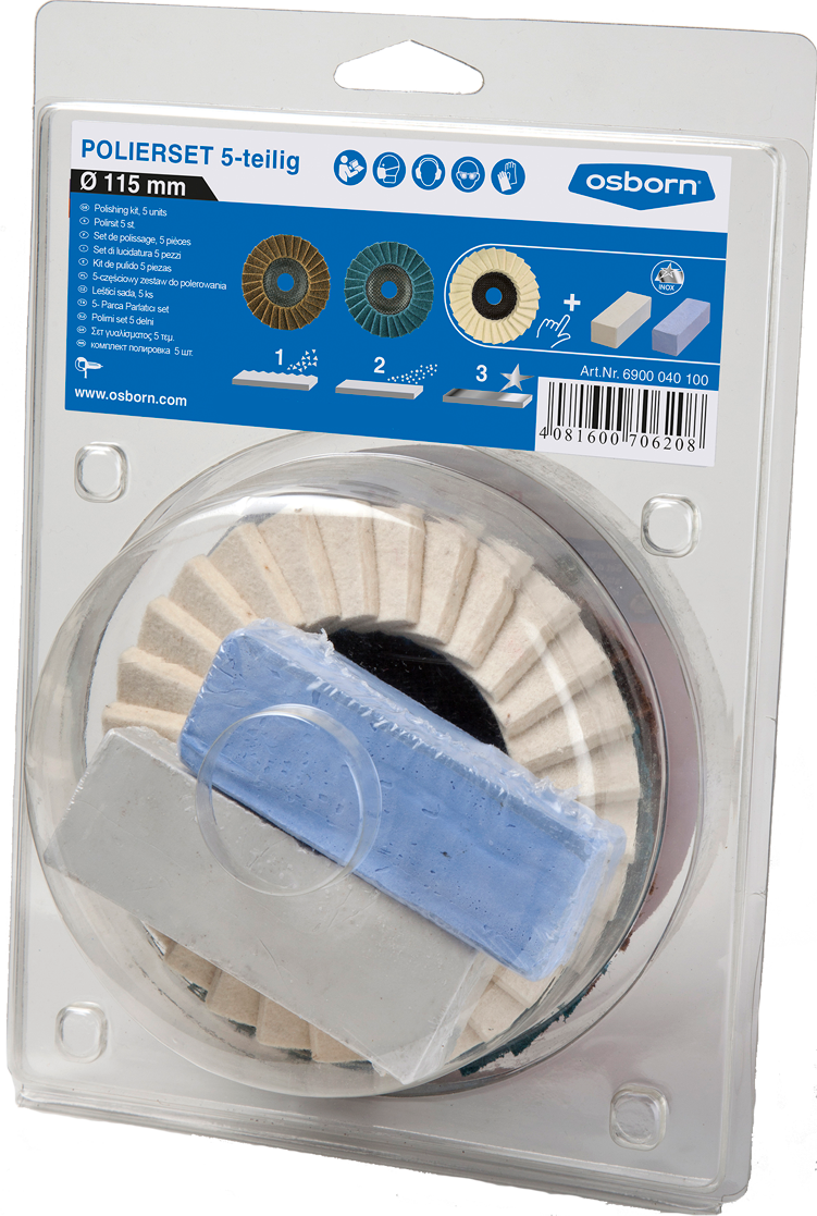 Polishing Kit - 5 Piece, 3x Ø115mm Flap Discs Type 1+3+4, Blue & White Compounds, Osborn - 6900040100