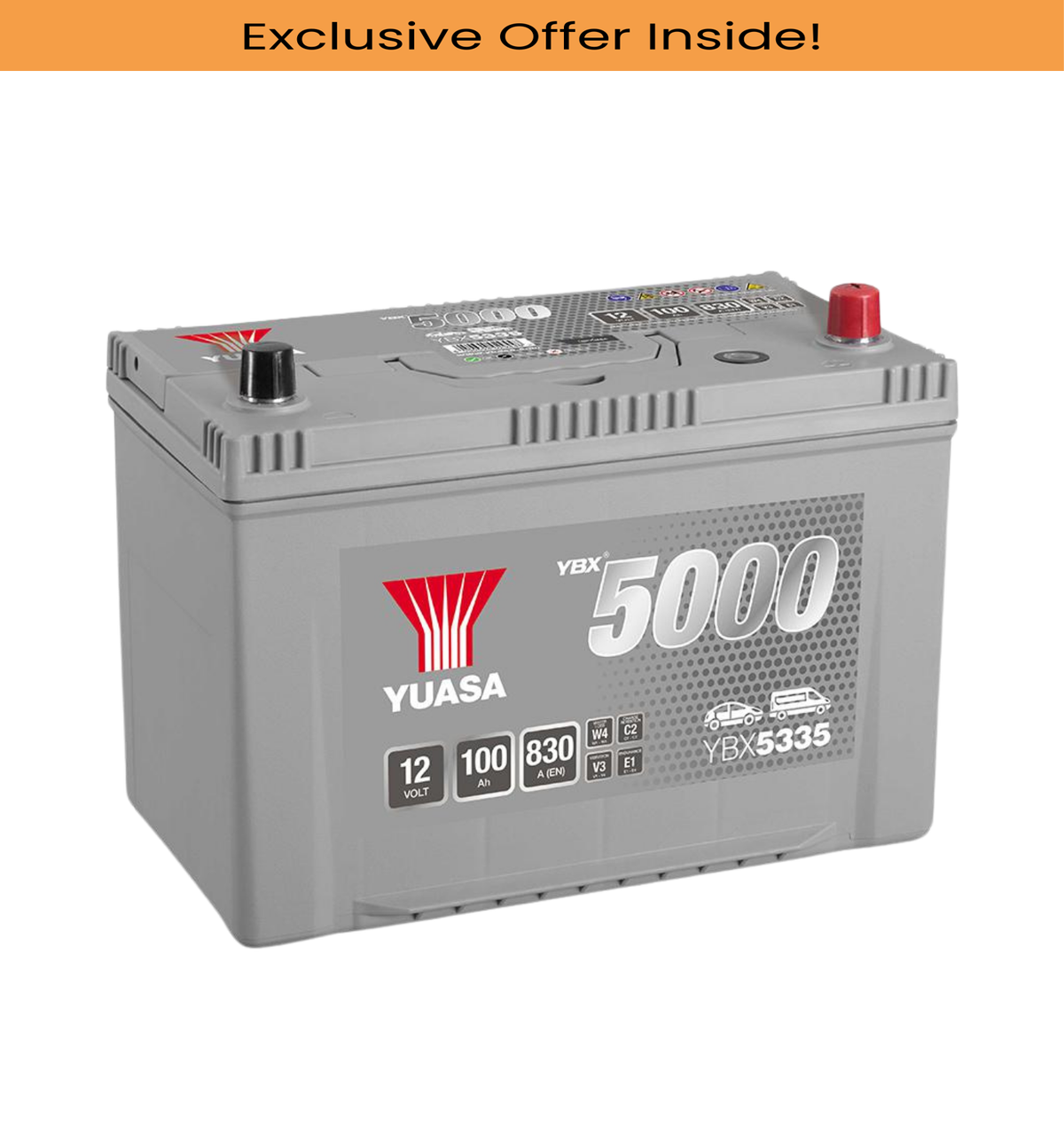 Yuasa YBX5335 12V 100Ah 830A Silver High Performance Battery, 5 Years Warranty