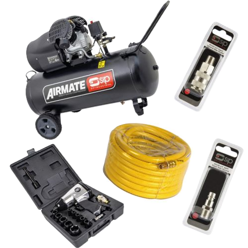 SIP 06455 3hp 100L Compressor Complete Air Tool Kit: 17pc Impact Wrench Set, 10m Hose, Couplers & Bayonet Adaptor