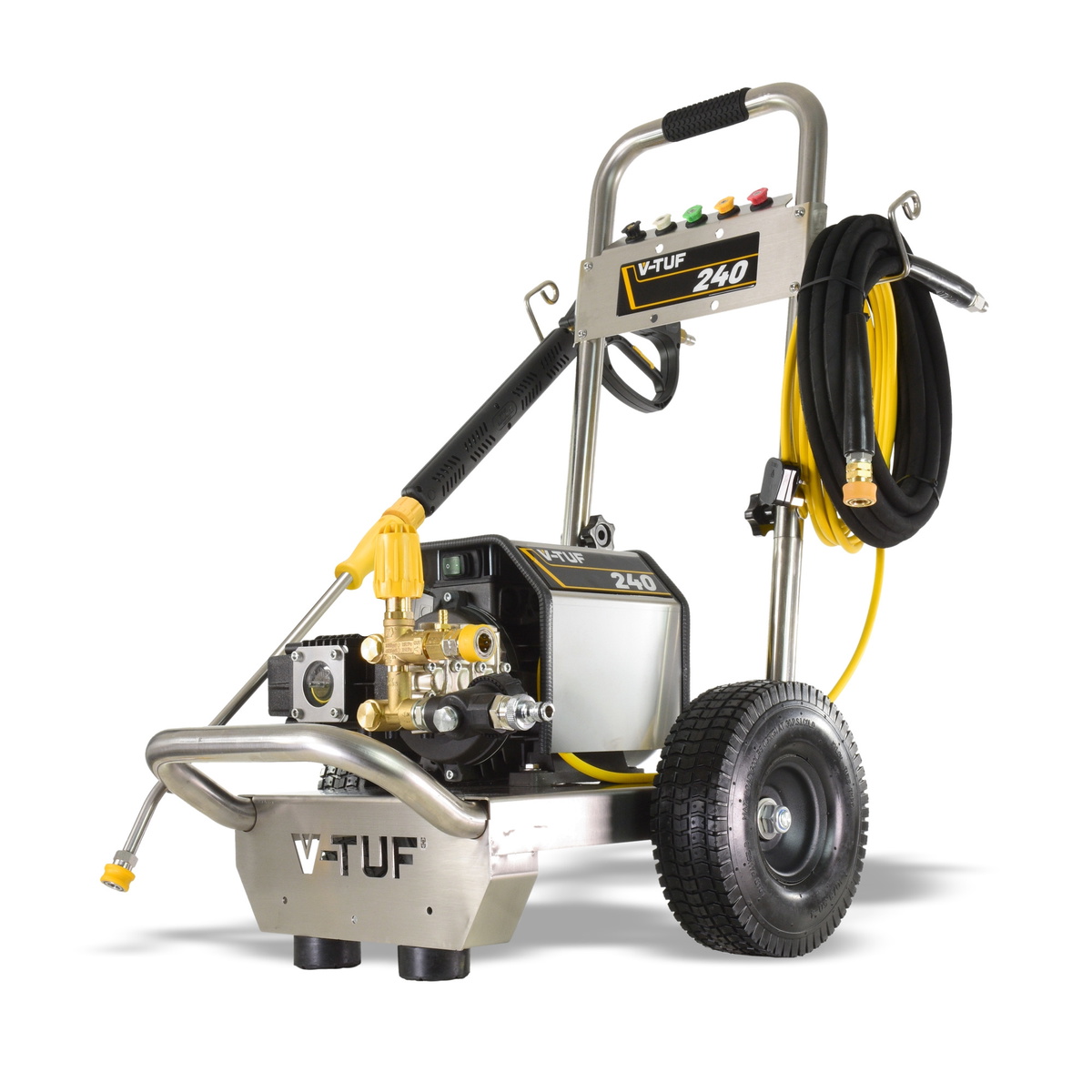 V-TUF VTUF240T Compact, Industrial, Mobile Electric Pressure Washer - 100 Bar, 12 Litre/min, Total Stop - Stainless Steel Frame