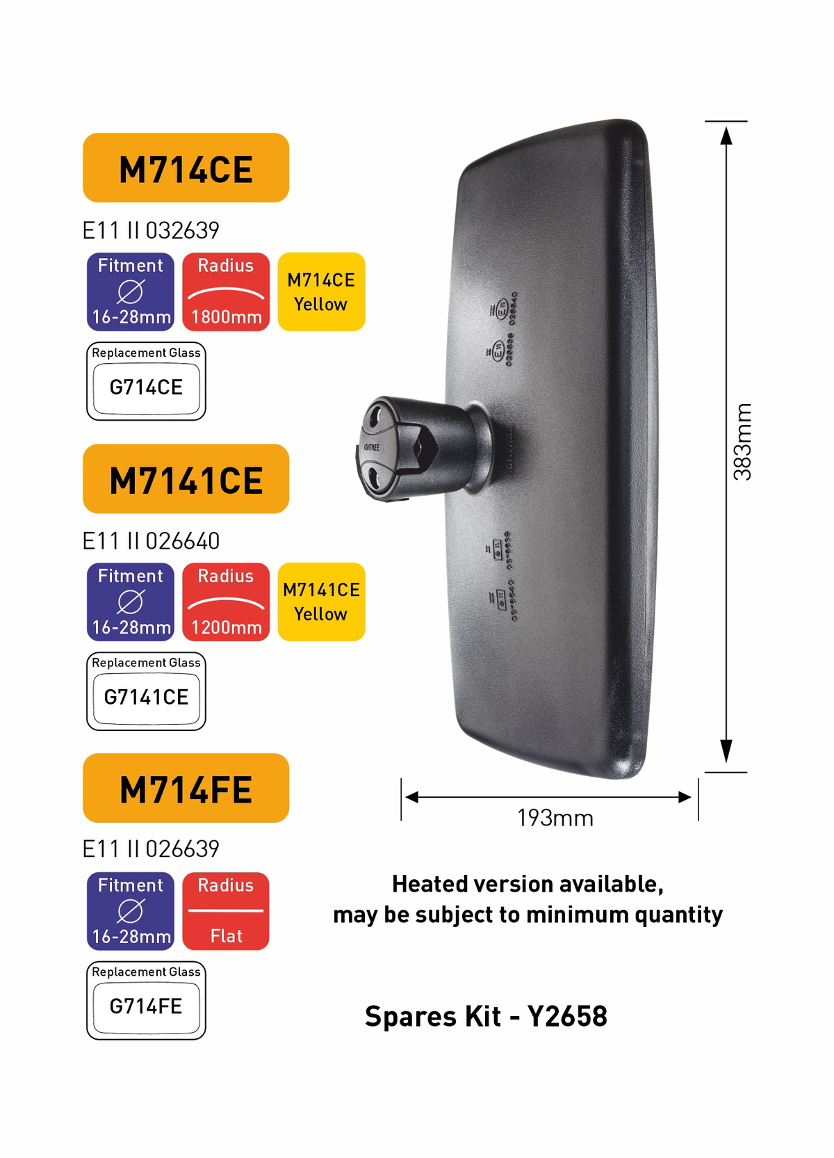 Ashtree Main Mirror, Class II, Yellow, 193mm x 38mm, M714CE