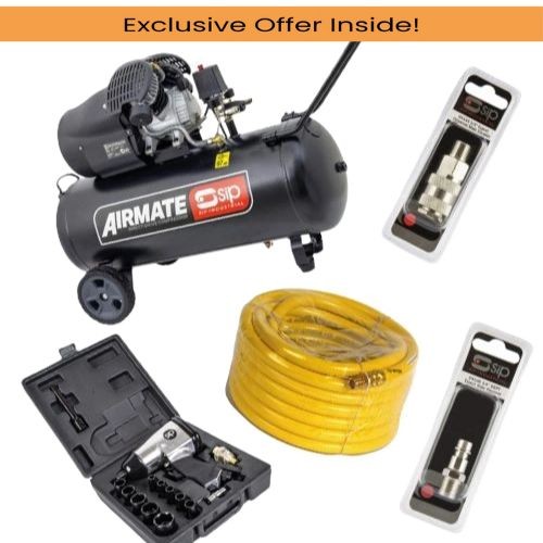 SIP 06455 3hp 100L Compressor Complete Air Tool Kit: 17pc Impact Wrench Set, 10m Hose, Couplers & Bayonet Adaptor